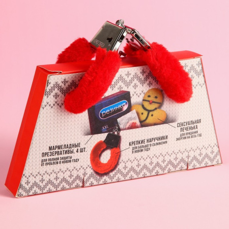 Набор «Новогодняя помощь»: мармеладные презервативы 40 г., наручники с мехом, печенька 25 г.